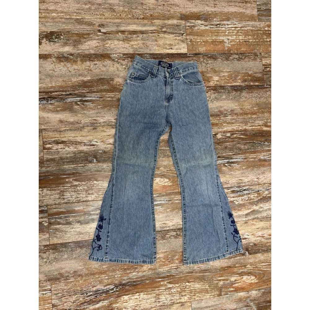 Vintage Y2K Girls Youth Kids Lee Pipes Flare Blue Jeans Floral Size 12R Flowers